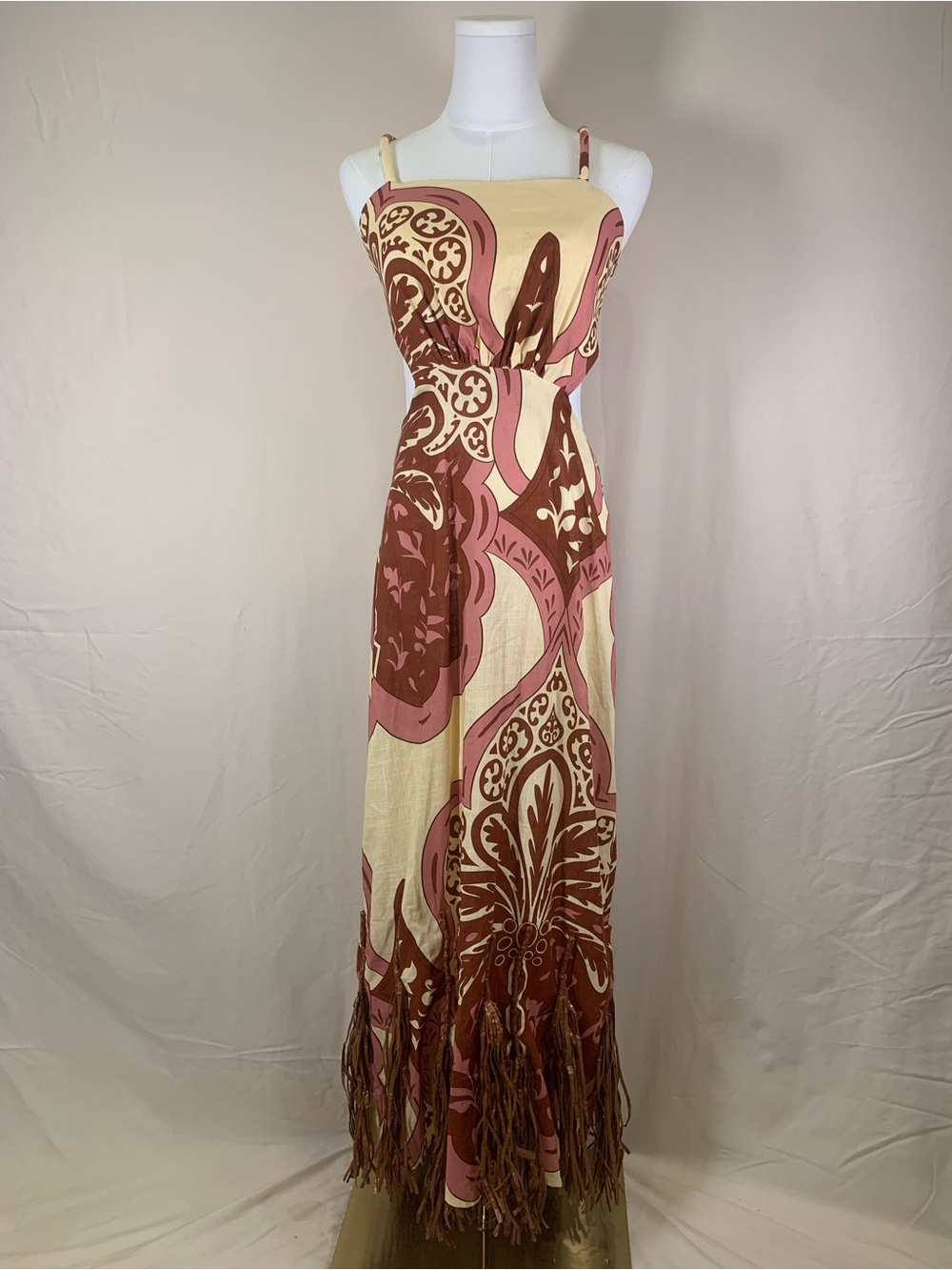 blueb Collection Mosaic Print Fringe Maxi Dress S NWOT
